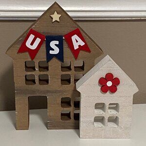 Set of Two Wooden Houses - Patriotic Tiered Tray Decor July 4th Wood Houses USA